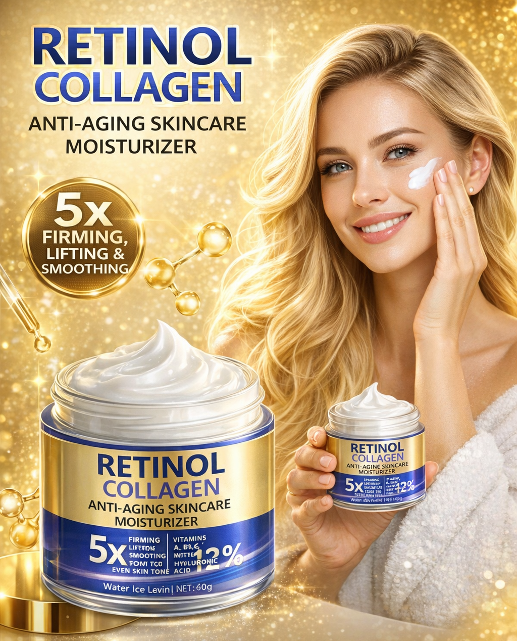 Crème Visage au Rétinol, Collagène, Beurre de karité, Acide hyaluronique, Vitamine E & Panthénol  – 60g