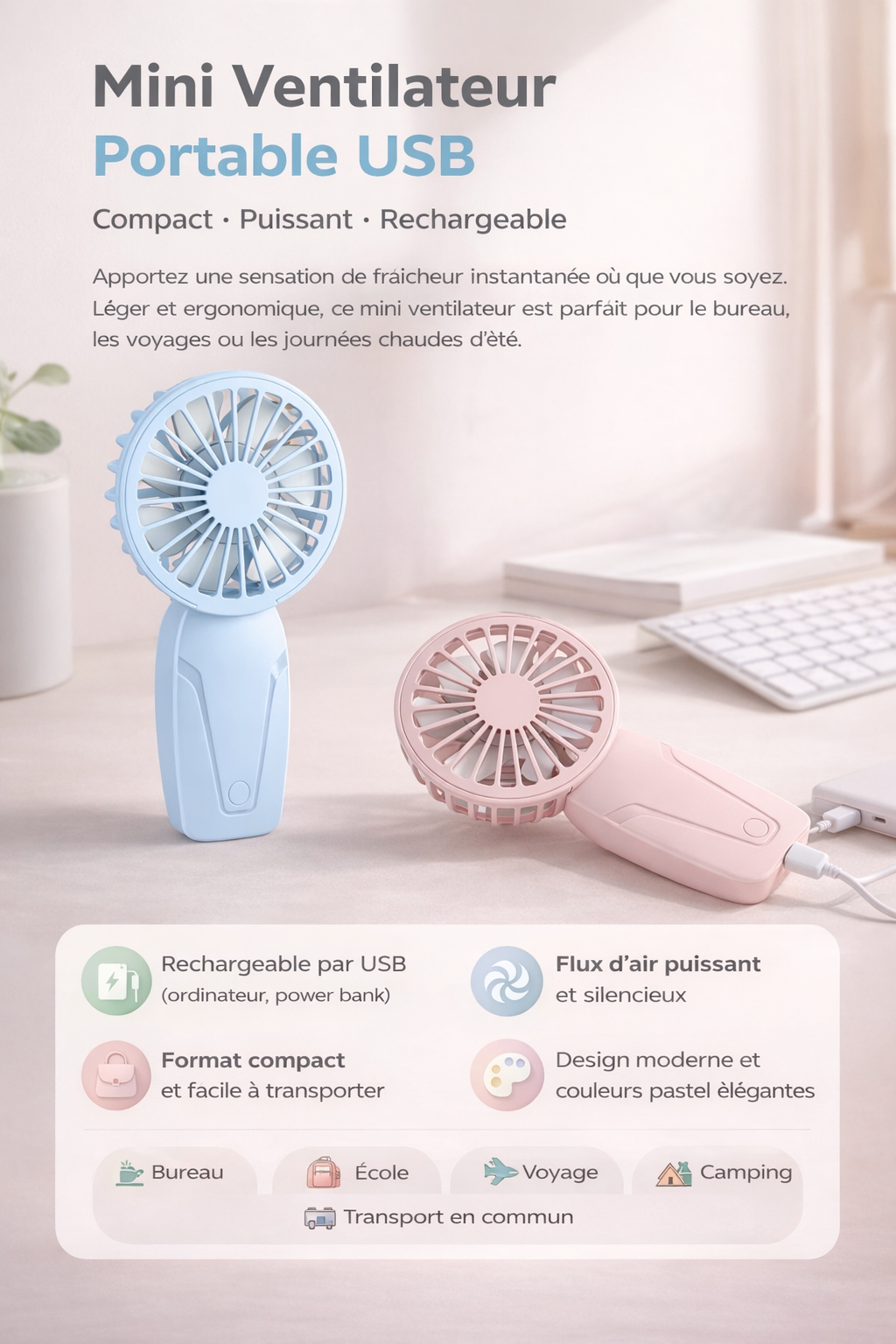 Mini Ventilateur de Poche Portable Partout, Chargement par USB – Léger, Silencieux