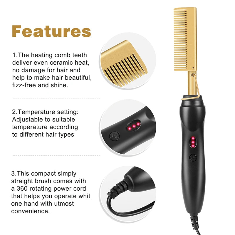 Peigne Chauffant Électrique 2 en 1 – Brosse Lissante & Fer à Lisser