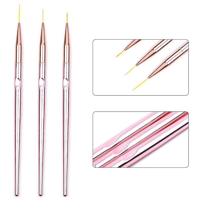 Set de 3 Stylos Pinceaux Nail Art en Acrylique – Lignes Fines, Dessin 3D et Gel UV