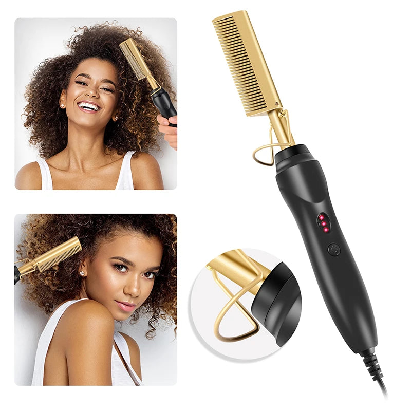 Peigne Chauffant Électrique 2 en 1 – Brosse Lissante & Fer à Lisser