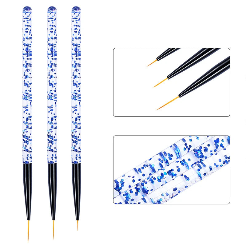 Set de 3 Stylos Pinceaux Nail Art en Acrylique – Lignes Fines, Dessin 3D et Gel UV