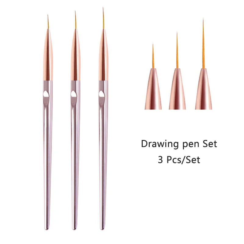 Set de 3 Stylos Pinceaux Nail Art en Acrylique – Lignes Fines, Dessin 3D et Gel UV