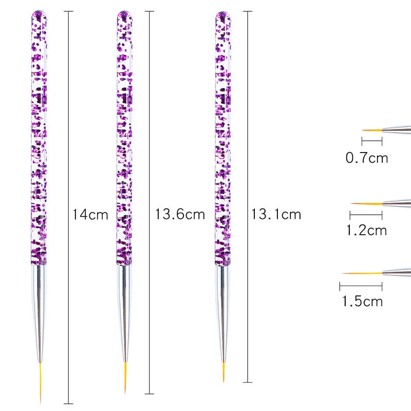 Set de 3 Stylos Pinceaux Nail Art en Acrylique – Lignes Fines, Dessin 3D et Gel UV