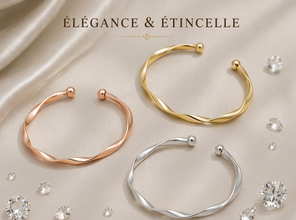 Bracelet Jonc Torsadé Ajustable  – Manchette Minimaliste Charm pour Femme, Cadeau Mariage & Bijou Tendance 2023
