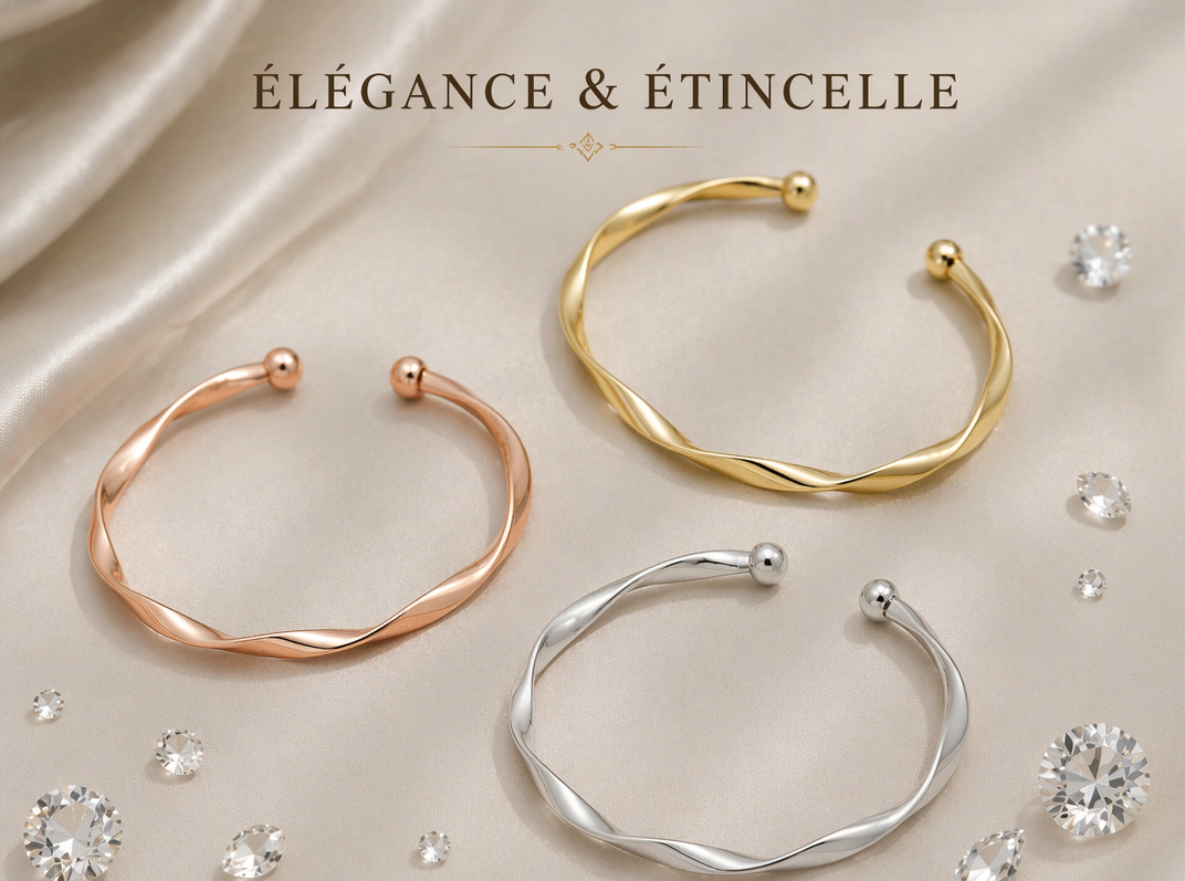 Bracelet Jonc Torsadé Ajustable  – Manchette Minimaliste Charm pour Femme, Cadeau Mariage & Bijou Tendance 2023
