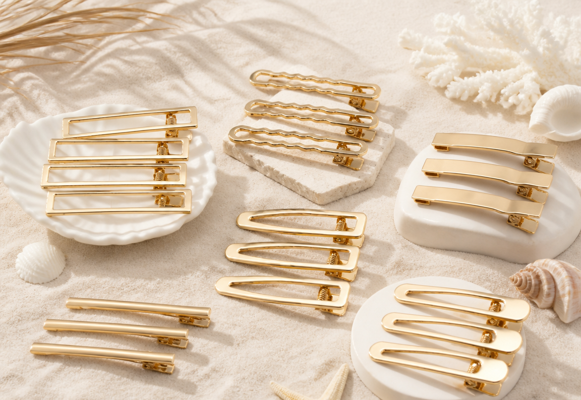 Set de 3 Pinces à Cheveux Métal Doré Style Coréen – Barrettes Ajourées pour Frange, Mèches & Coiffure Quotidienne