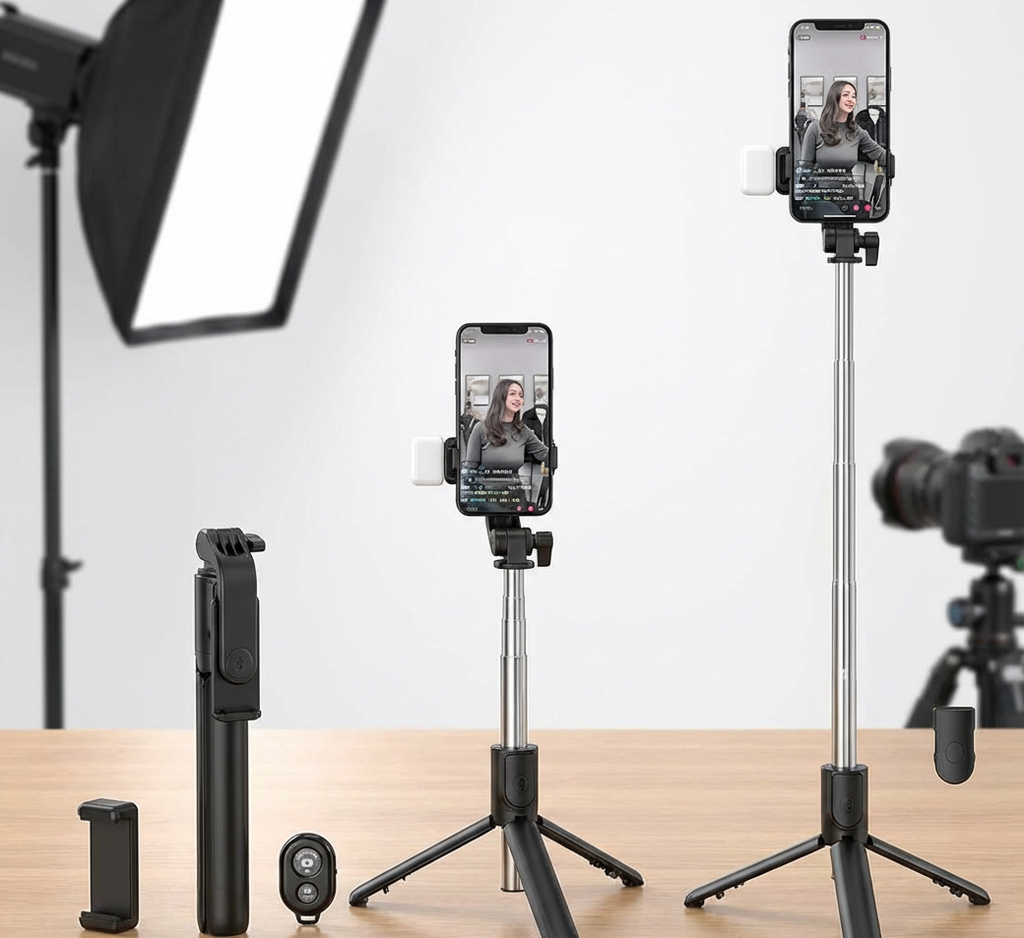 Trépied pour Selfie, Portable – Obturateur à Distance, Lumière LED inclus, Extensible et Rétractable, Connection via Bluetooth