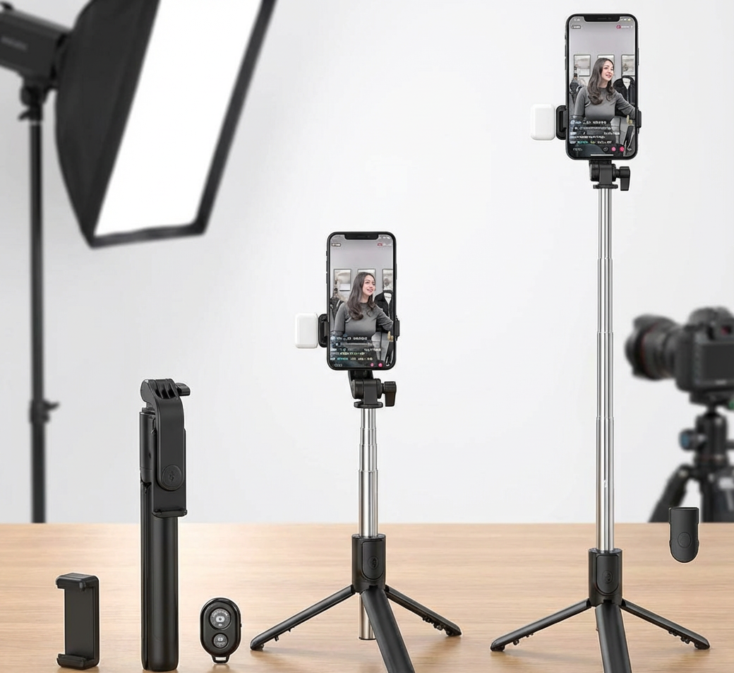 Trépied pour Selfie, Portable – Obturateur à Distance, Lumière LED inclus, Extensible et Rétractable, Connection via Bluetooth