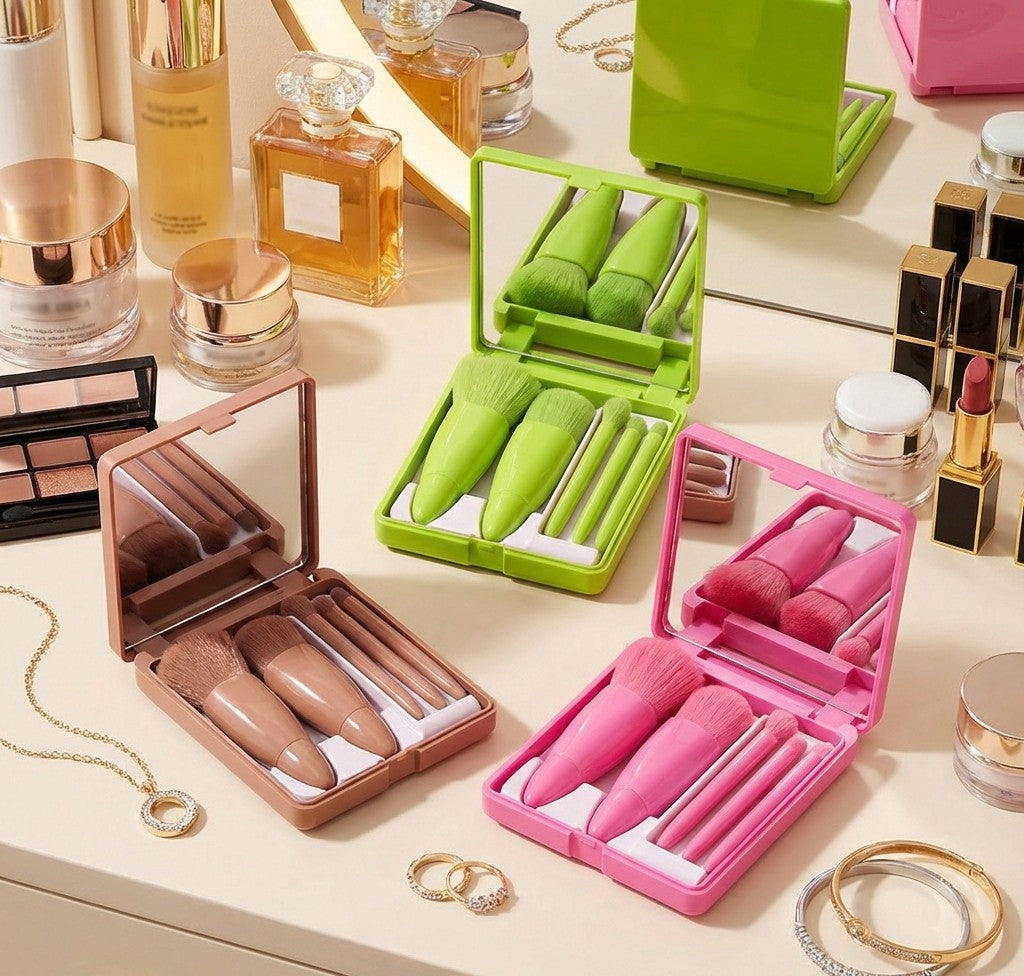 MINI Kit de Pinceaux de Maquillage Portable 5 Pièces avec Miroir
