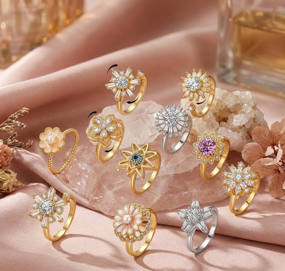 Bague Spinner en Cristal – Papillon & Tournesol, Bague Anti-Anxiété Rotative pour Femme, Bijoux Tendance