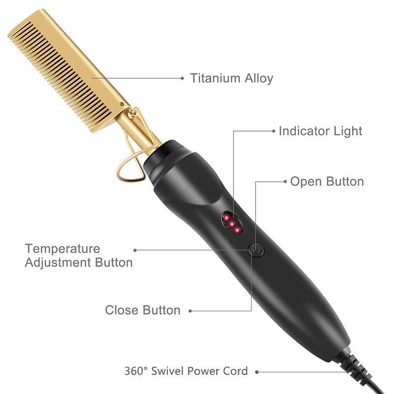 Peigne Chauffant Électrique 2 en 1 – Brosse Lissante & Fer à Lisser