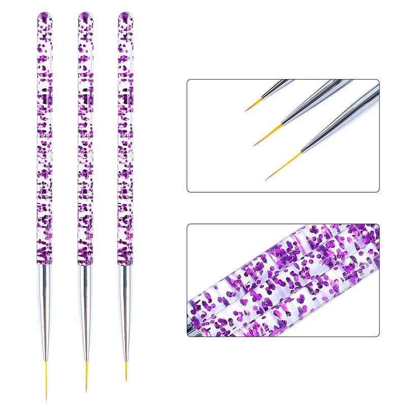 Set de 3 Stylos Pinceaux Nail Art en Acrylique – Lignes Fines, Dessin 3D et Gel UV