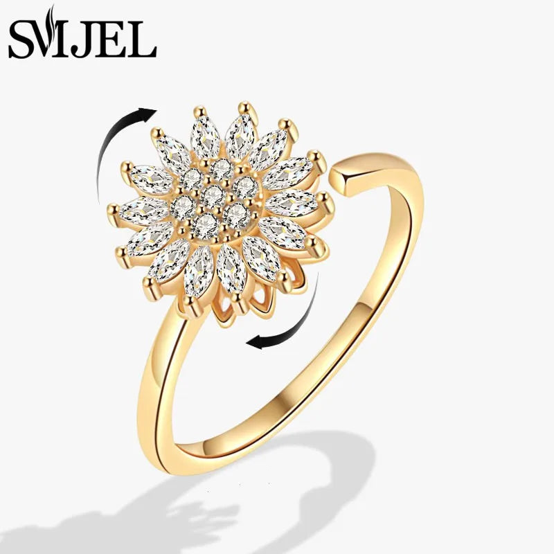 Bague Spinner en Cristal – Papillon & Tournesol, Bague Anti-Anxiété Rotative pour Femme, Bijoux Tendance