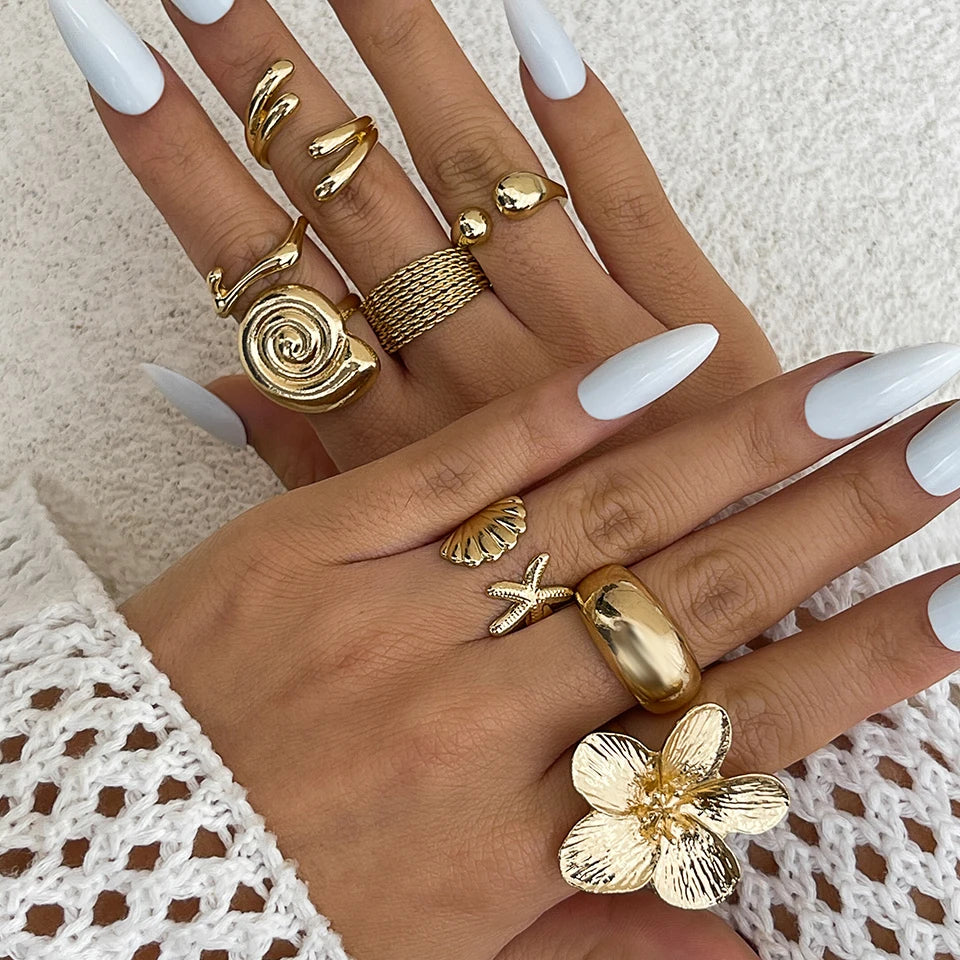 Ensemble de 8 Bagues Ouvertes Vintage pour Femmes - Model Océan