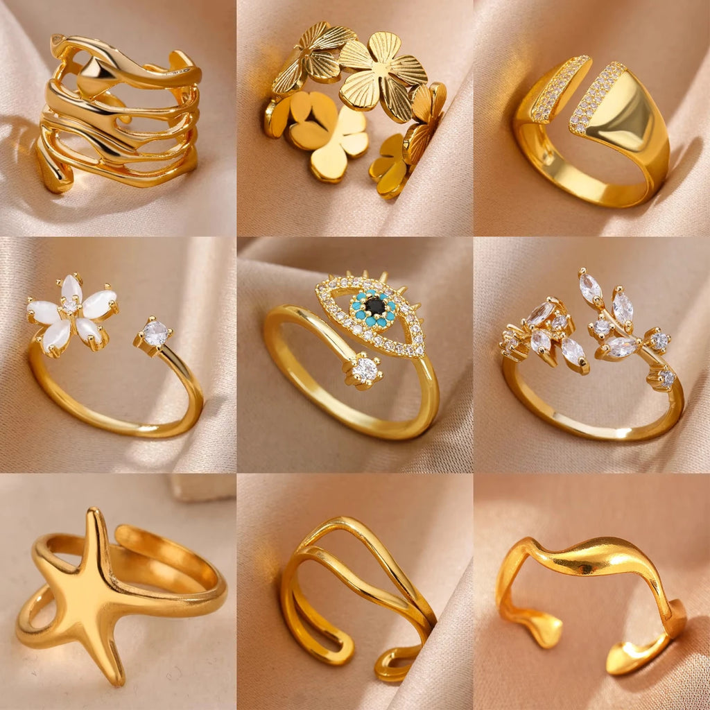 Bague Géométrique en Acier Inoxydable Couleur Or 18K – Zircon & Œil Protecteur