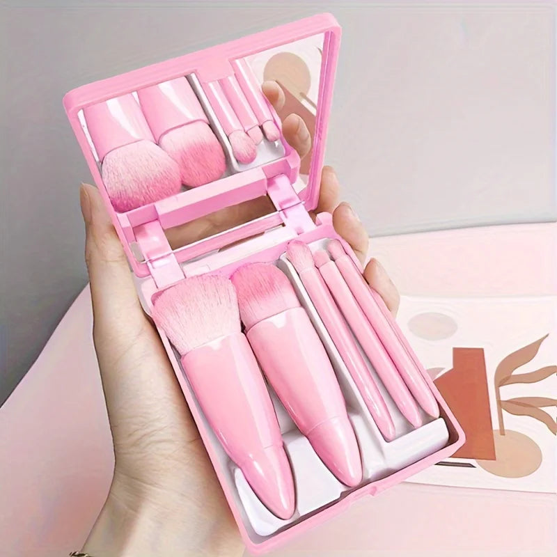 MINI Kit de Pinceaux de Maquillage Portable 5 Pièces avec Miroir