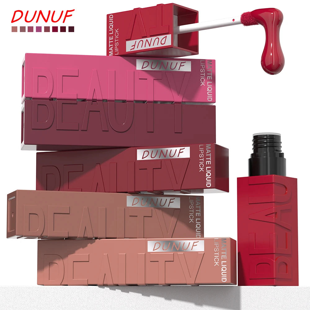 Rouge à Lèvres Velours Mat – 8 Couleurs, Facile à Appliquer, Imperméable, Tube Carré Tridimensionnel
