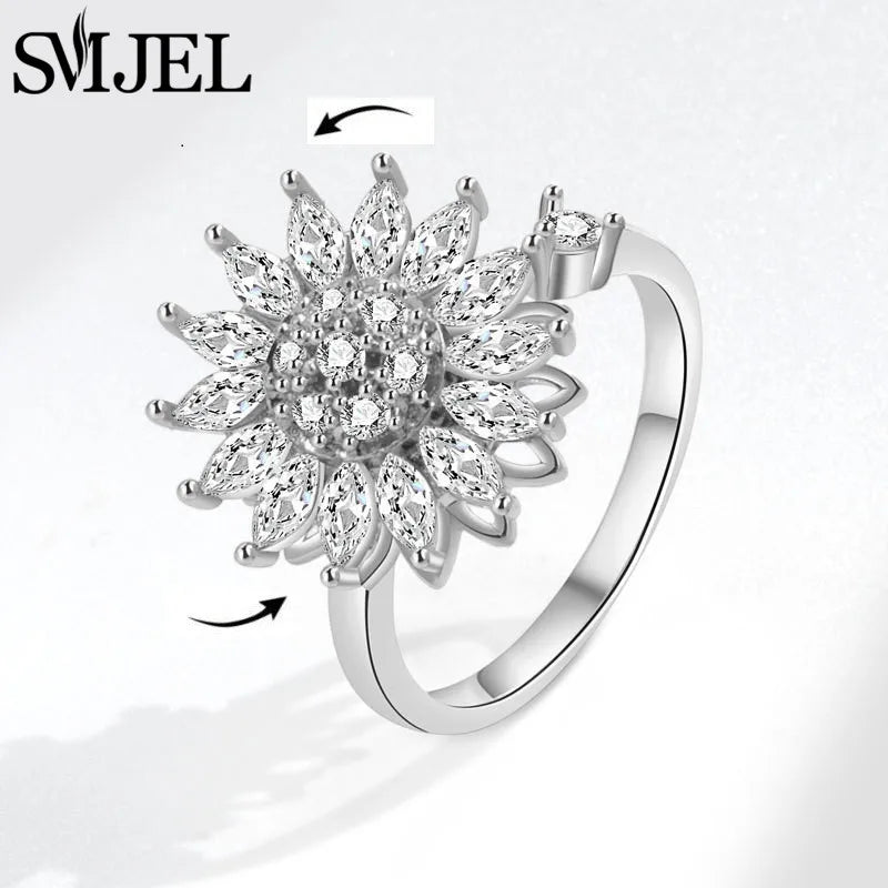 Bague Spinner en Cristal – Papillon & Tournesol, Bague Anti-Anxiété Rotative pour Femme, Bijoux Tendance