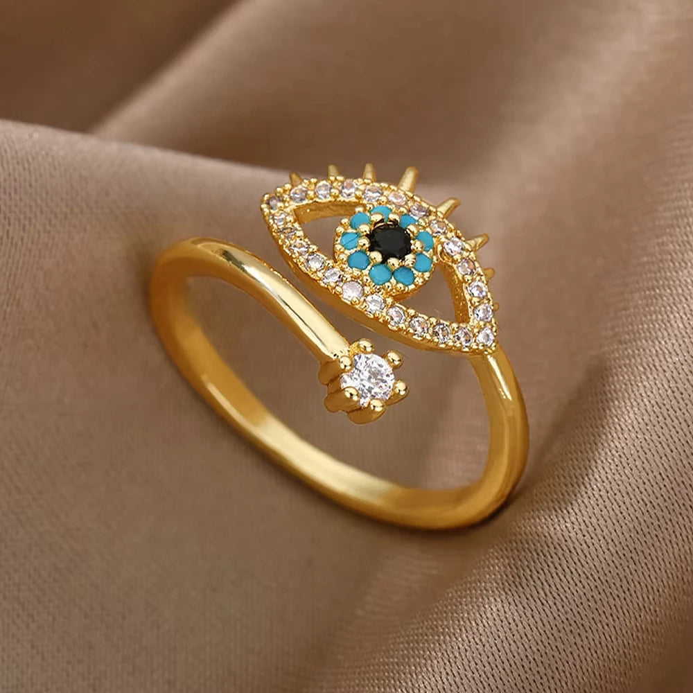 Bague Géométrique en Acier Inoxydable Couleur Or 18K – Zircon & Œil Protecteur