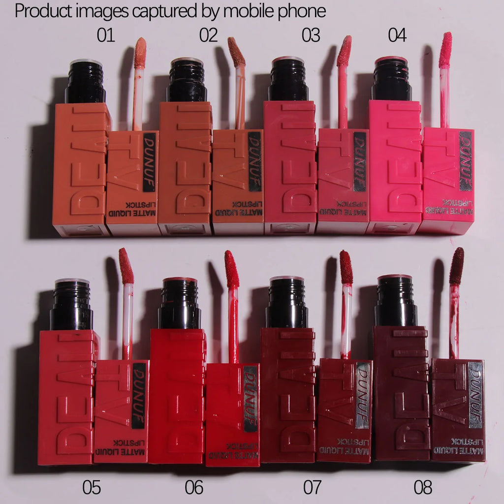 Rouge à Lèvres Velours Mat – 8 Couleurs, Facile à Appliquer, Imperméable, Tube Carré Tridimensionnel