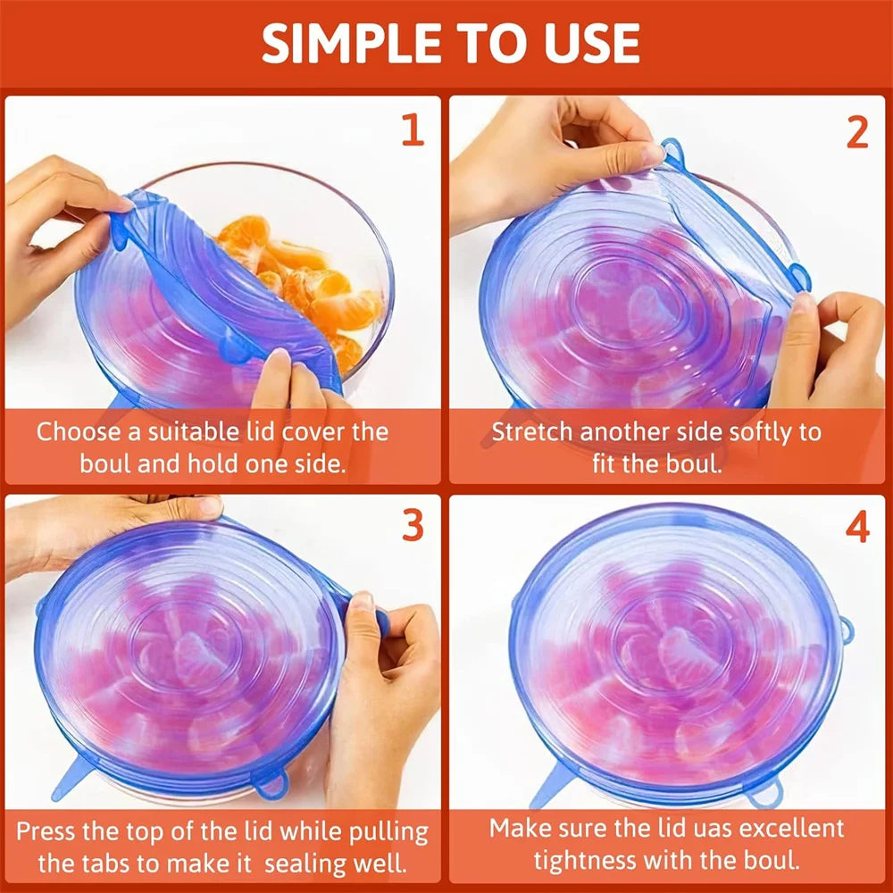 Ensemble de 6 Couvercles de Conservation en Silicone Alimentaire – Réutilisables, Hermétiques et Universels