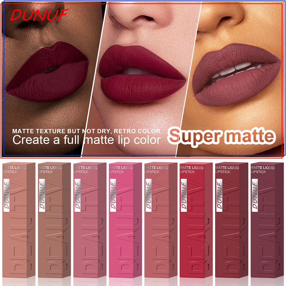 Rouge à Lèvres Velours Mat – 8 Couleurs, Facile à Appliquer, Imperméable, Tube Carré Tridimensionnel