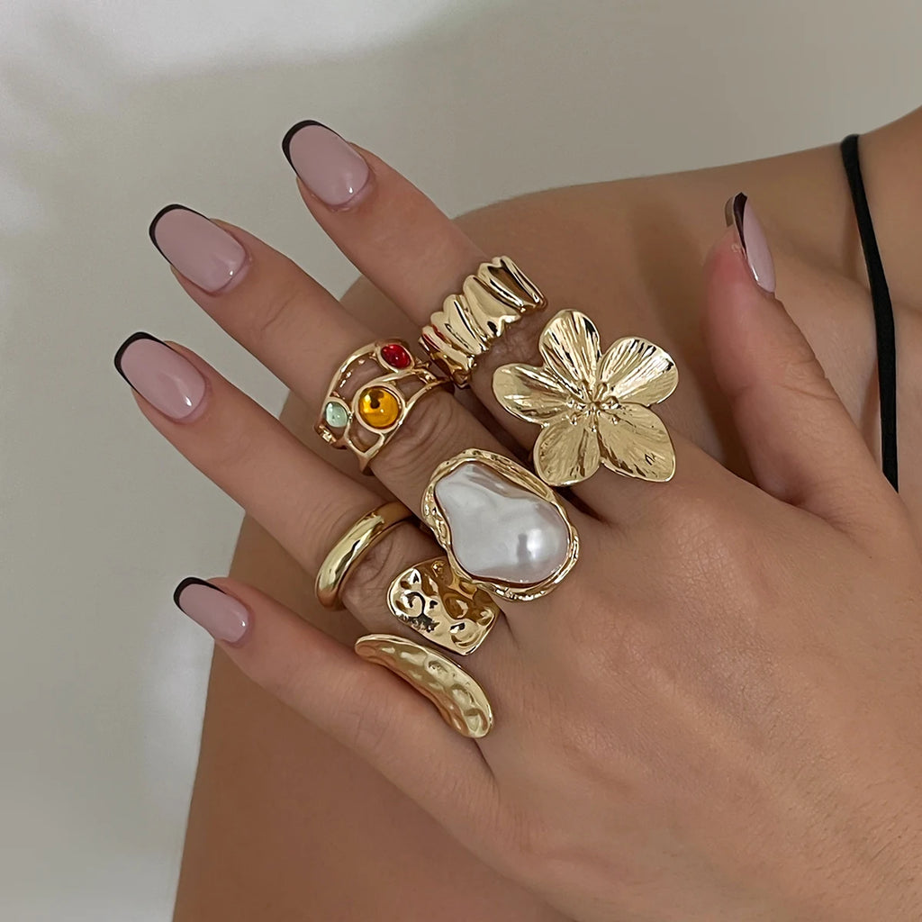 Bague Fleur Métal Irrégulière – Style Baroque & Perle Imitation