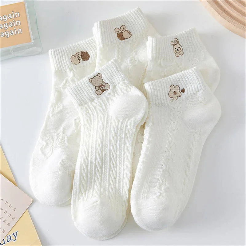 Lot de 5 Paires de Chaussettes Femme Courtes – Imprimés Ours, Lapin & Fleurs