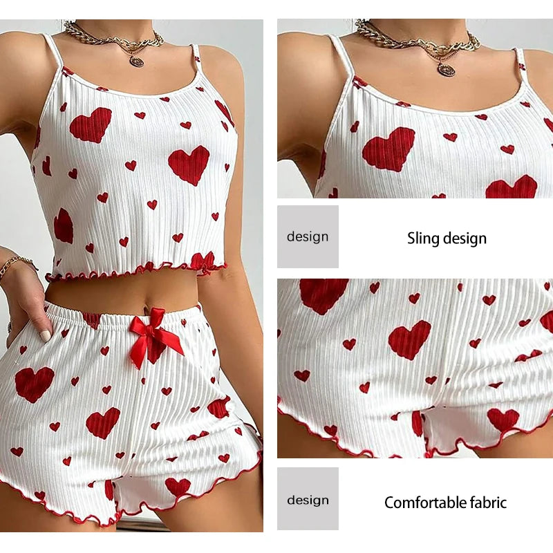 Ensemble de Pyjamas d’Amour pour Femmes – Vêtements de Nuit Courts 2 Pièces, Doux et Respirant