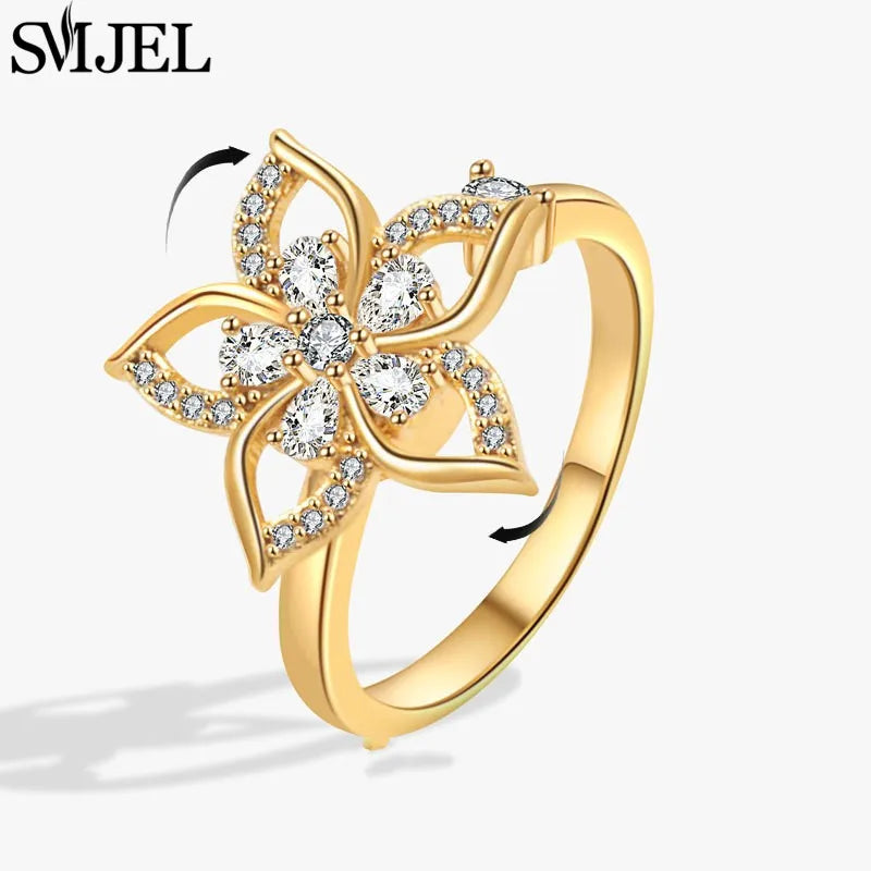 Bague Spinner en Cristal – Papillon & Tournesol, Bague Anti-Anxiété Rotative pour Femme, Bijoux Tendance