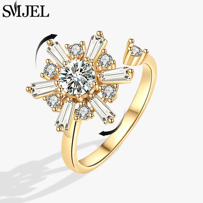 Bague Spinner en Cristal – Papillon & Tournesol, Bague Anti-Anxiété Rotative pour Femme, Bijoux Tendance