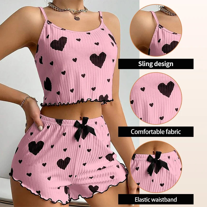 Ensemble de Pyjamas d’Amour pour Femmes – Vêtements de Nuit Courts 2 Pièces, Doux et Respirant