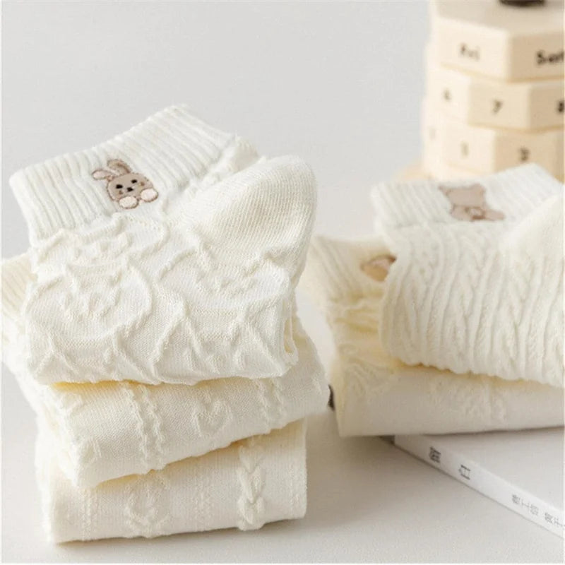 Lot de 5 Paires de Chaussettes Femme Courtes – Imprimés Ours, Lapin & Fleurs