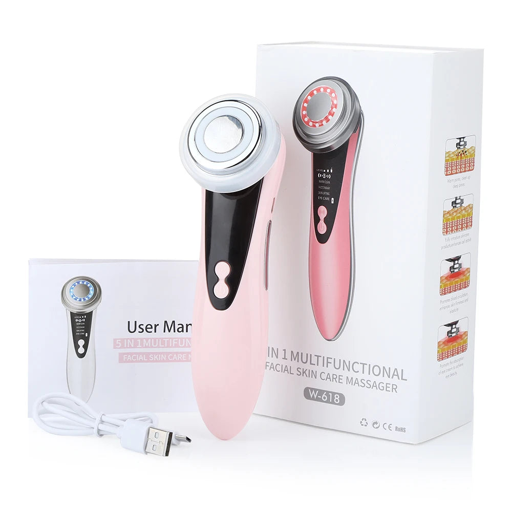 Masseur Facial EMS à Lumière LED, Vibrant et Chauffant