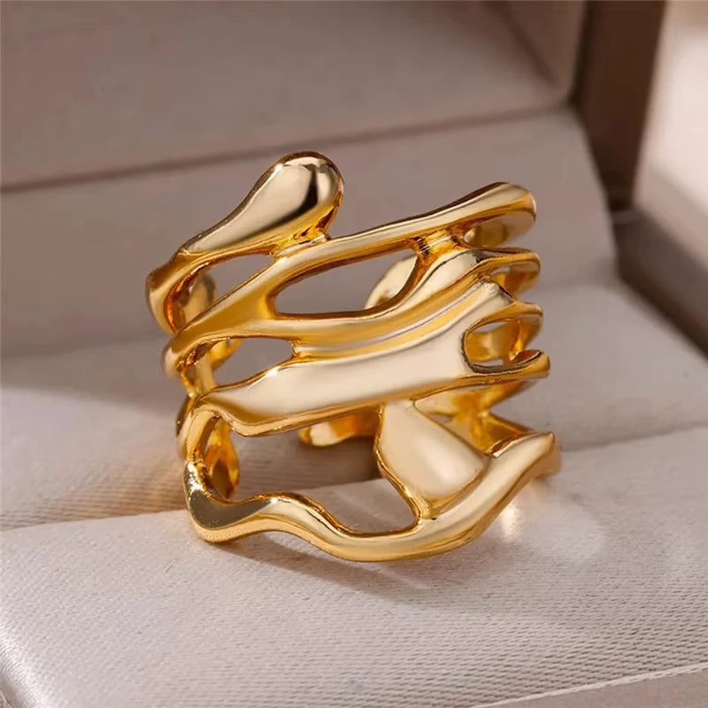Bague Géométrique en Acier Inoxydable Couleur Or 18K – Zircon & Œil Protecteur