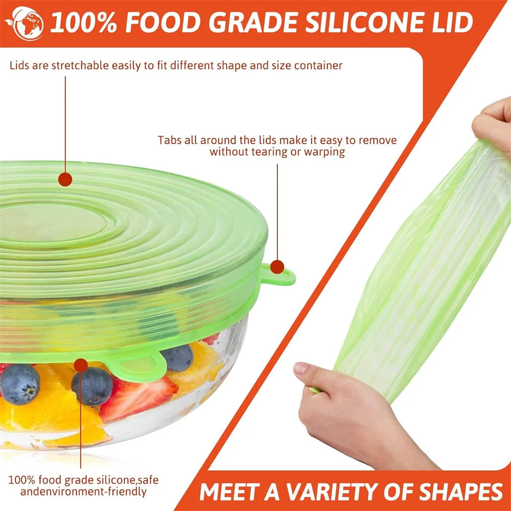 Ensemble de 6 Couvercles de Conservation en Silicone Alimentaire – Réutilisables, Hermétiques et Universels