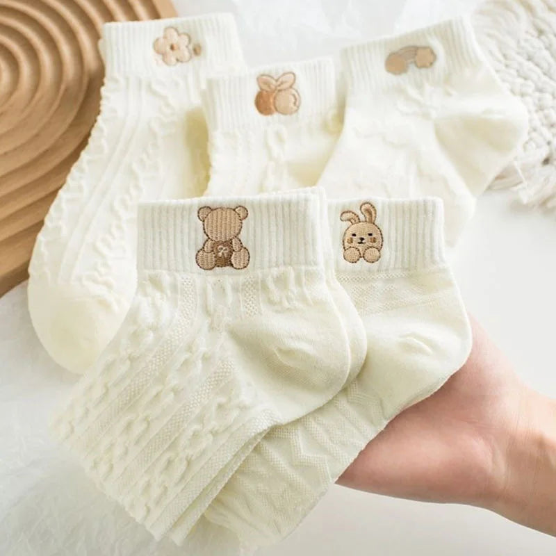 Lot de 5 Paires de Chaussettes Femme Courtes – Imprimés Ours, Lapin & Fleurs