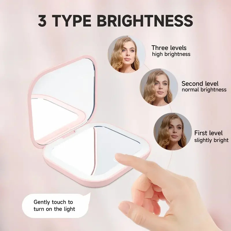 Miroir Compact LED Rechargeable et Pliable – Grossissement 1X/2X, Double Face, Format Poche