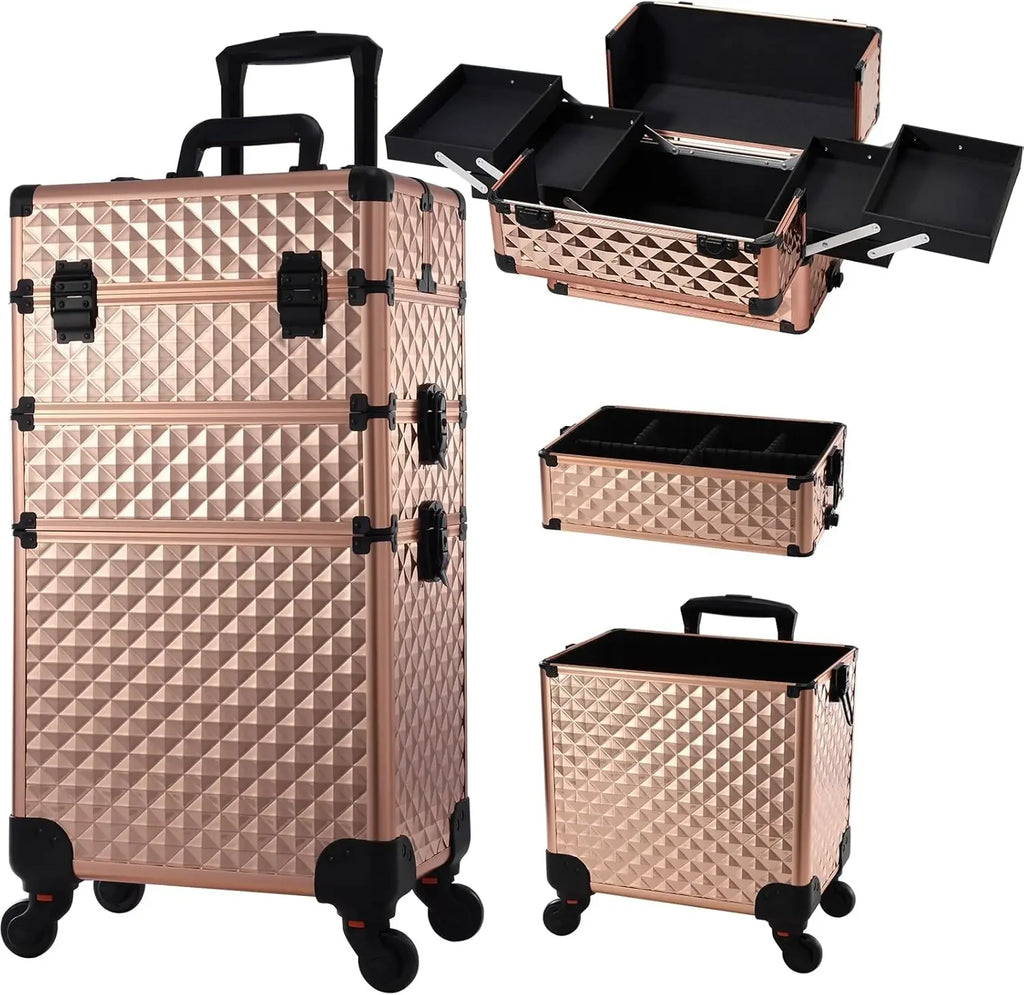Valise de Maquillage Roulante 3 en 1 – Grande Capacité & Adapter pour Salon de Beauté