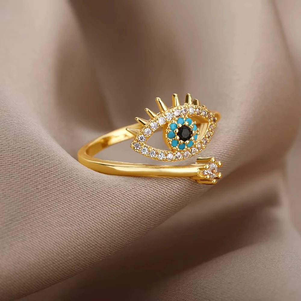 Bague Géométrique en Acier Inoxydable Couleur Or 18K – Zircon & Œil Protecteur