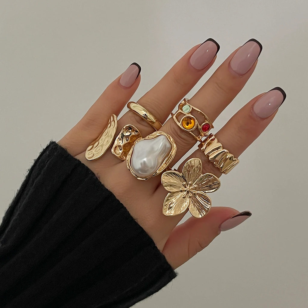 Bague Fleur Métal Irrégulière – Style Baroque & Perle Imitation