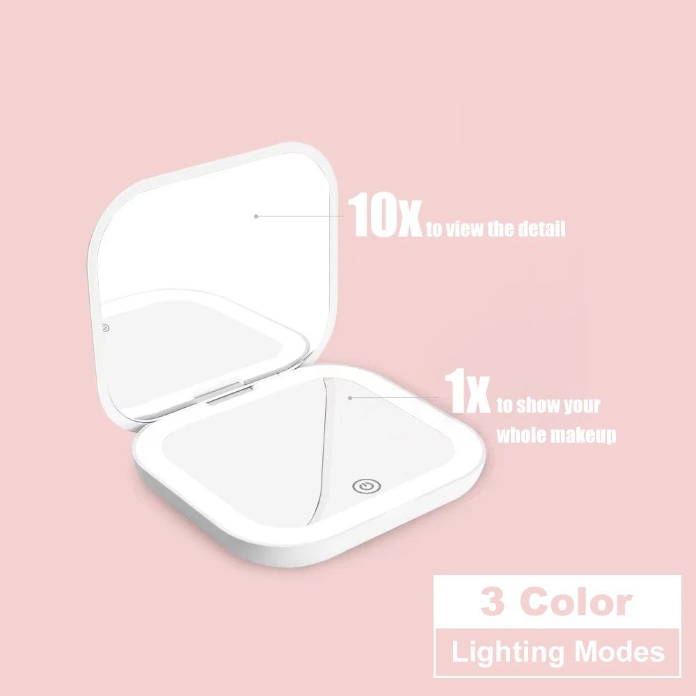 Miroir Compact LED Rechargeable et Pliable – Grossissement 1X/2X, Double Face, Format Poche