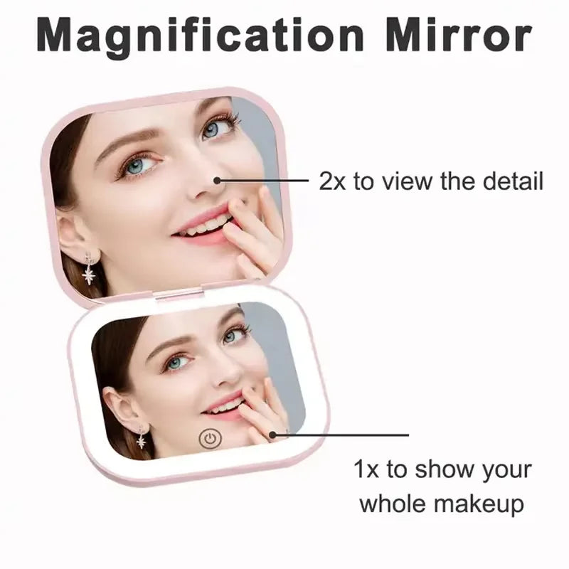 Miroir Compact LED Rechargeable et Pliable – Grossissement 1X/2X, Double Face, Format Poche