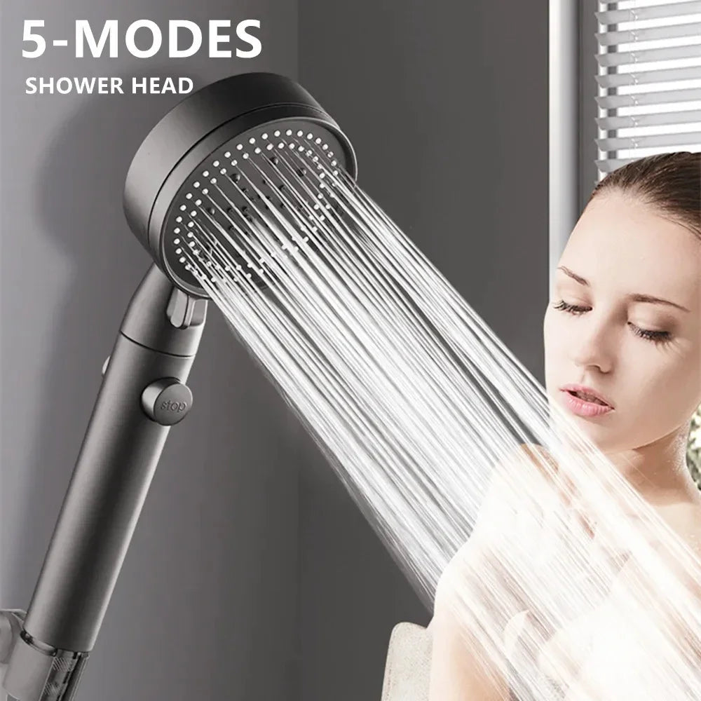 Pommeau de Douche Haute Pression à Economie d’Eau, 5 Modes Réglables, Bouton Stop, avec Tuyau Inox – Acryonitrile Butadiène Styrène