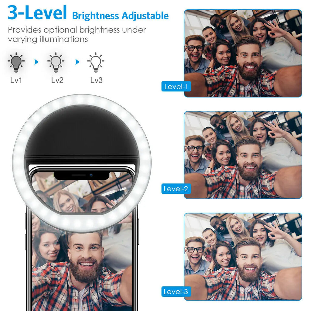 Anneau Lumineux LED Selfie – Recharge USB – Compatible iPhone & Android