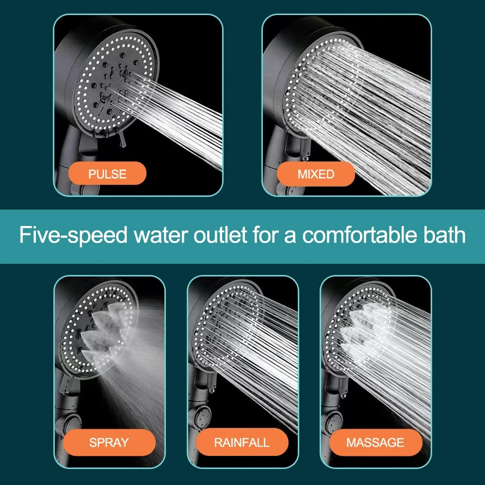 Pommeau de Douche Haute Pression à Economie d’Eau, 5 Modes Réglables, Bouton Stop, avec Tuyau Inox – Acryonitrile Butadiène Styrène
