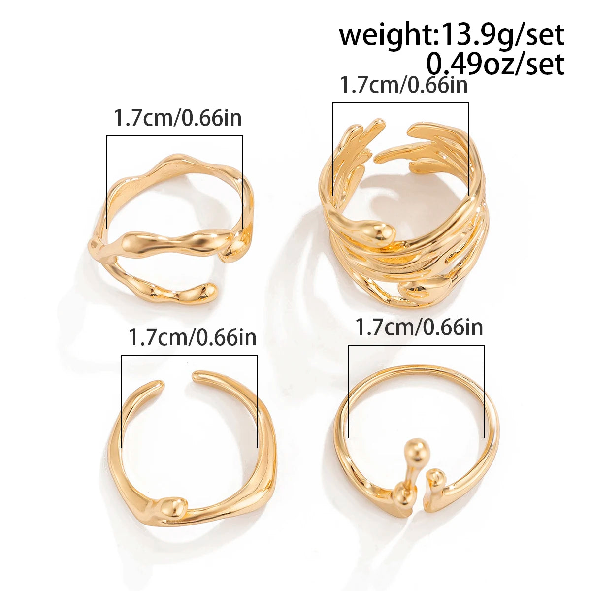 Set de 4 Bagues Ouvertes Vintage – Anneaux Ajustables Géométriques Style Goth Y2K Dorés pour Femme & Homme