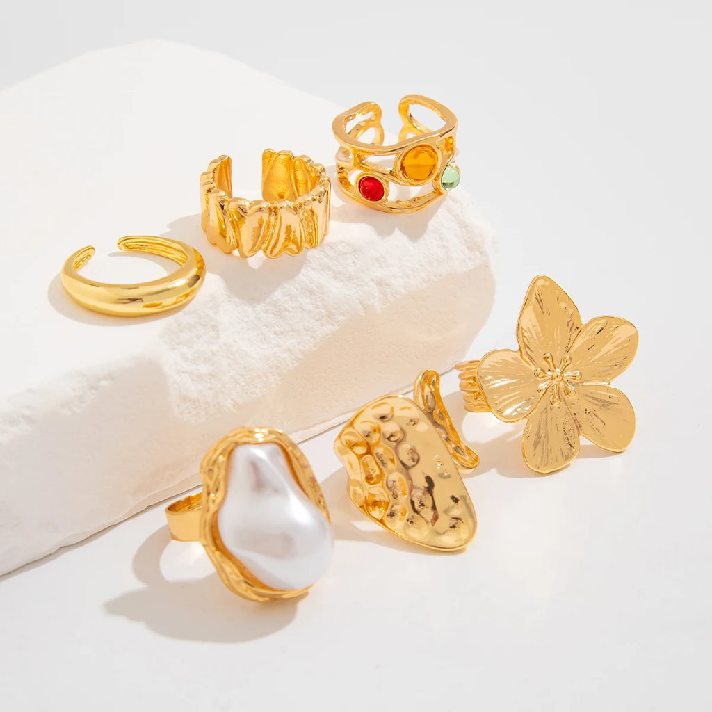 Bague Fleur Métal Irrégulière – Style Baroque & Perle Imitation