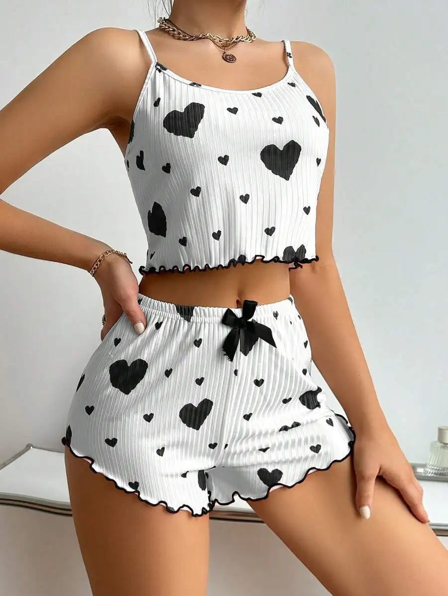 Ensemble de Pyjamas d’Amour pour Femmes – Vêtements de Nuit Courts 2 Pièces, Doux et Respirant